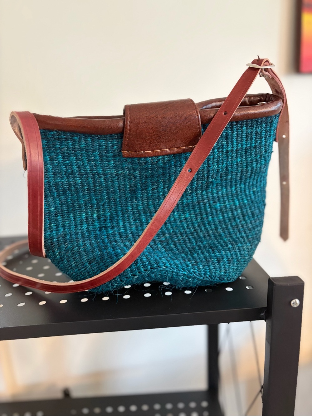 Teal Woven Clutch with Brown Leather Trim and Beaded Accent - Picture 2 of 8